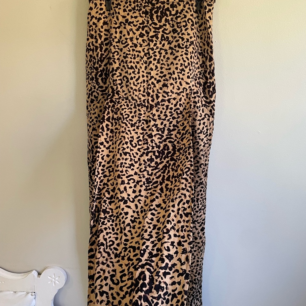 BLACK BROWN LEOPARD PRINT MAXI SKIRT BIGH WAIST ZIPPER DOUBLE SLIT FRONT PANEL - Picture 6 of 11